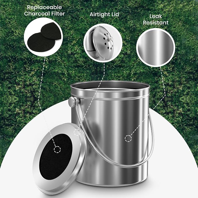 Utopia Kitchen Countertop Compost Bin Kitchen with Charcoal Filter -1.3gallon Stainless Steel Kitchen Compost Bin Countertop - Ideal Kitchen Essentials or Small Composter for Under The Sink Trash - Image 4