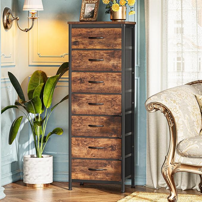 Huuger Tall Dresser for Bedroom, 7 Drawer Dresser & Chests of Drawers, Fabric Drawer for Closet, Bedroom, Night Stand, Metal Frame, Storage Tower with Fabric Bins, Rustic Brown - Image 6