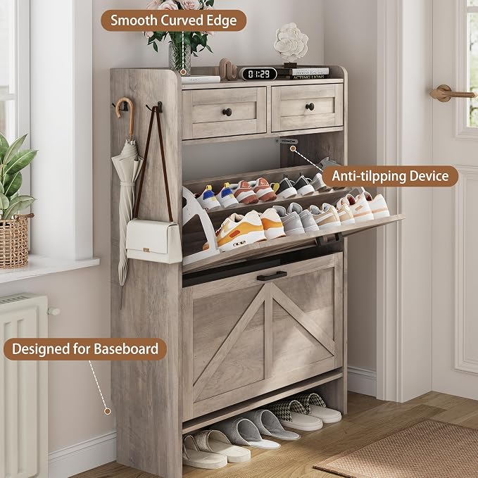 Shoe Cabinet with 2 Flip Drawers & 2 Top Drawers, 43" Tall Freestanding Narrow Wooden Shoe Storage Organizer for Entryway, Hidden Slim Shoe Rack for Front Door Entrance, Hallway, Living Room, Grey - Image 5
