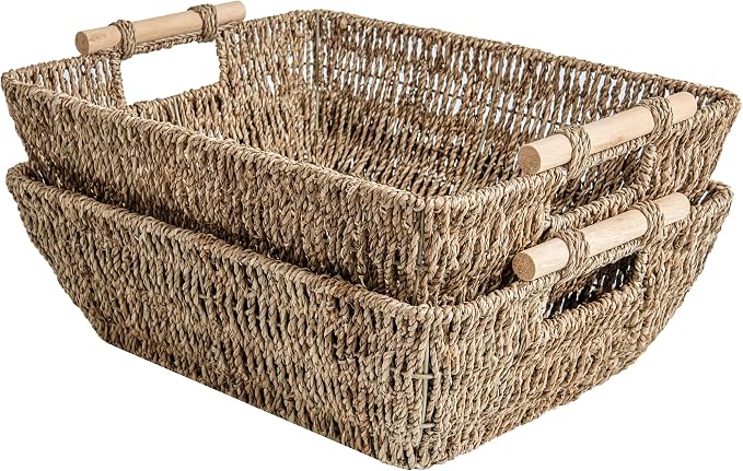 StorageWorks Hand-Woven Jumbo Storage Baskets with Wooden Handles, Seagrass Wicker Baskets for Organizing, 2-Pack by StorageWorks