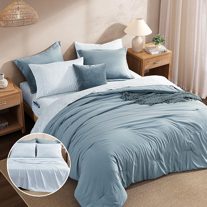 Monbix Super King Size Comforter Set - 7 Pieces Dusty Blue Prewashed Bed in a Bag Bedding Sets with Comforters, All Seasons Ultra Soft Comforter Bed Set with Sheets, Pillowcases & Shams