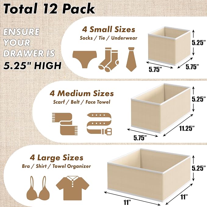 Simple Houseware Foldable Drawer Organizer Set of 12, Beige – Fabric Storage Bins for Clothes, Underwear, Bra, Panty, Socks, Onesies – Closet & Dresser Drawer Dividers for Home Organization - Image 2
