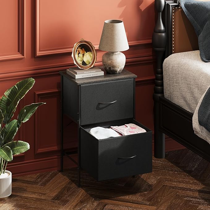 WLIVE Nightstand Set of 2, 2 Drawer Dresser for Bedroom, Small Dresser with 2 Drawers, Bedside Furniture, Night Stand, End Table with Fabric Bins for Bedroom, Dorm, Charcoal Black