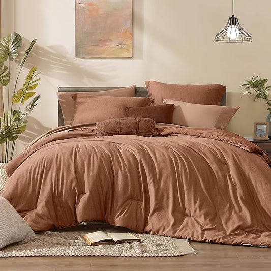 Monbix Super King Comforter Set, Autumn Leaf Cationic Dyeing Bedding Set Reversible, Bed in a Bag 7 Pieces with Comforter, Sheets, Pillowcases & Shams
