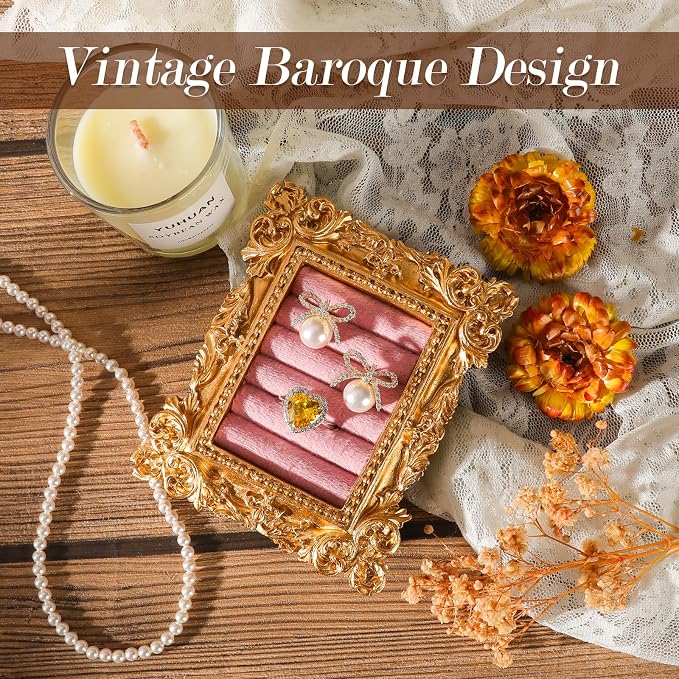 Vintage Ring Holder Rectangle Gold Velvet Display Stand - Baroque Jewelry Organizer Box Tray for Wedding Engagement Anniversary Women Birthday Christmas Gift Photograph Prop (MPF05-Gold Pink) - Image 3