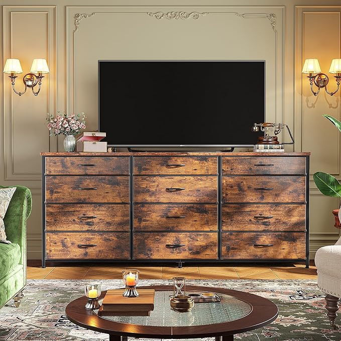 Romorgniz 55" Dresser for Bedroom with 12 Fabric Drawers, Entertainment Center for 60 inch TV Dressers & Chests of Drawers Large Organizer, Living Room, Metal Frame, Wood Top, Rustic Brown