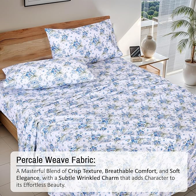 RUVANTI 100% Cotton Sheets – Full Size Percale Bedding, Cooling & Breathable Floral Design, Durable with a Crisp, Soft & Comfortable Feel, 16" Deep Pocket, 4-Piece Set, Paislyona