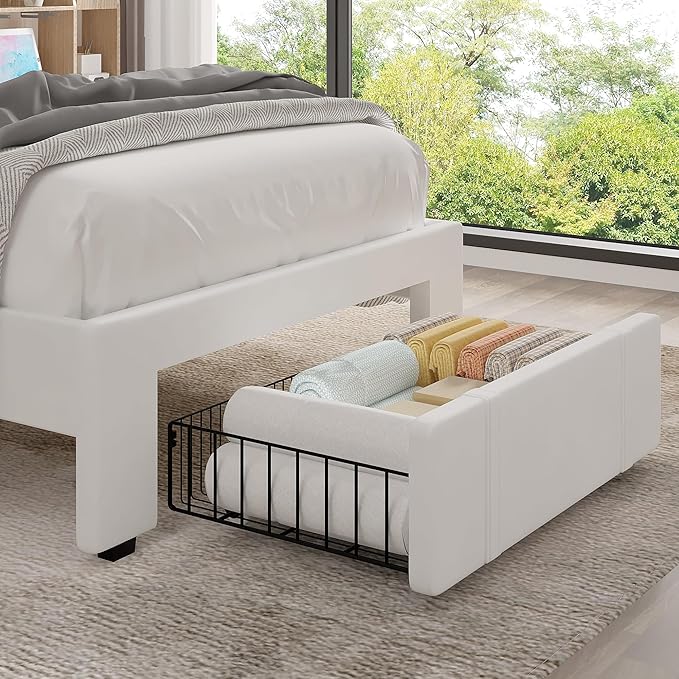 VECELO Twin Size Upholstered Bed Frame with 4 Drawers and Headboard, Velvet Platform Storage Bedframe, Wooden Slats Support, No Box Spring Needed,White