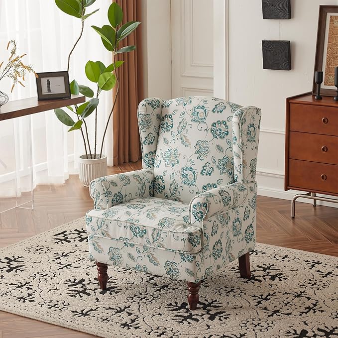 MELLCOM Floral Accent Chair, High Back Upholstered Armchair with Solid Legs, Leisure Single Sofa Chair for Living Room, Bedroom, Home Office, Light Cyan Floral
