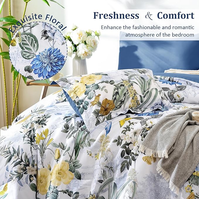 WONGS BEDDING Blue Comforter Set King, 7 Pieces Bed in a Bag Botanical Floral Comforter Bedding Set, Soft Microfiber Comforter with Flat Sheet, Fitted Sheet, Pillow Shams, Pillowcases