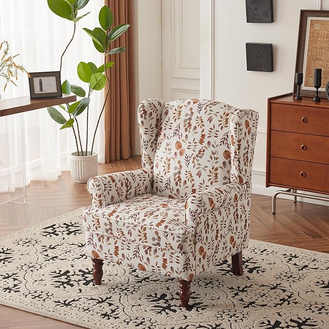 MELLCOM Floral Accent Chair, High Back Upholstered Armchair with Solid Legs, Leisure Single Sofa Chair for Living Room, Bedroom, Home Office, Orange Leaves