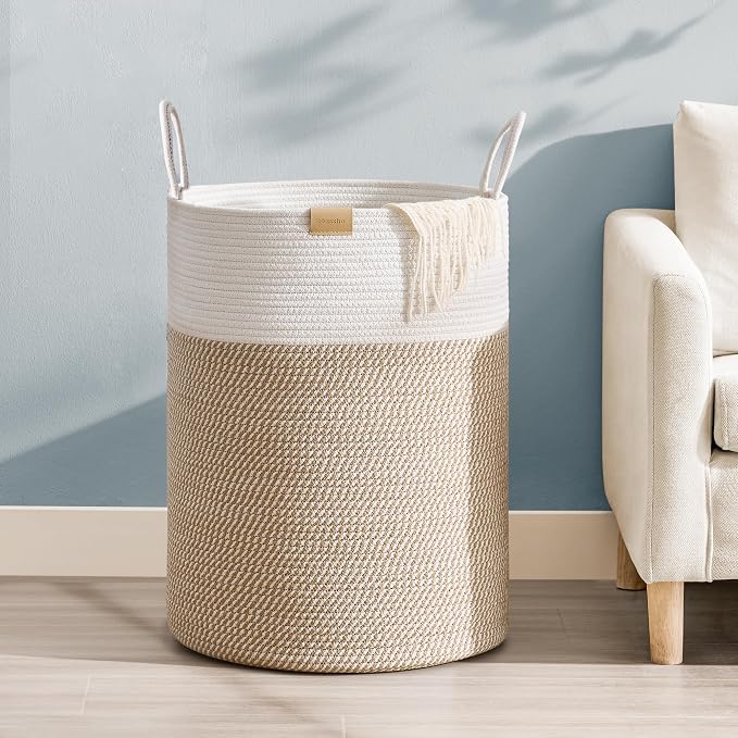 Nunsino Laundry Hamper 95L,Large Laundry Basket for Clothes,Decorative Storage Basket for Blankets,Cotton Rope Woven basket for bedroom,Brown White by Nunsino