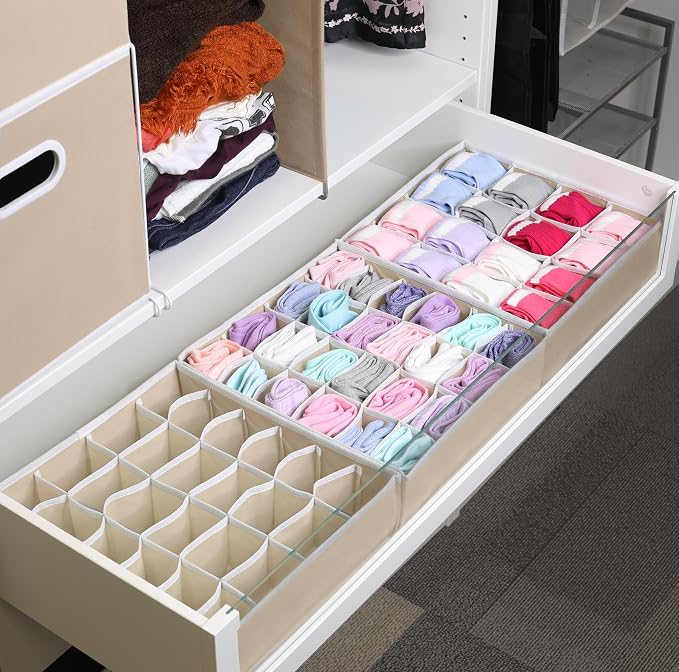 Simple Houseware Sock Drawer Organizer for Dresser/Closet/Bedroom, 3 Pack, Beige - Image 5