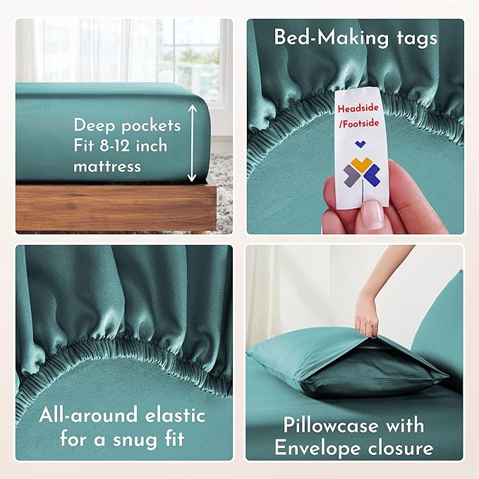 California Design Den Natural 100% Cotton Bed Sheets Twin Size Set - Soft Sateen Twin Sheets with 12" Pockets, Breathable and Durable Bedding Set for Dorm Rooms, College Teal (Deep Tone)