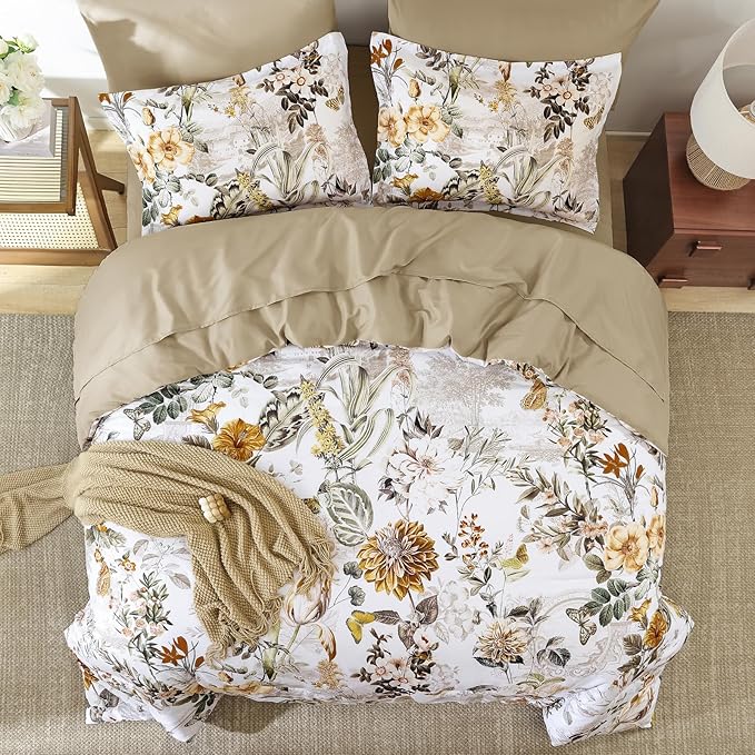 WONGS BEDDING 7 Pieces Bed in a Bag, Brown Comforter Set Queen Size, Colorful Botanical Flowers Leaves Pattern Bedding Set with Comforter, Sheets, Pillowcases & Shams