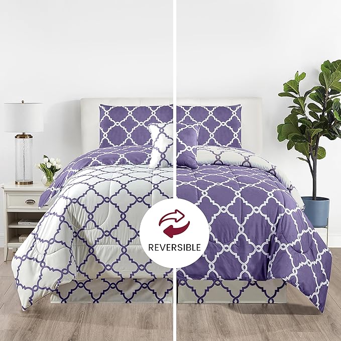 LUX Décor Reversible 5pc Queen Comforter Set, Printed Bedding Set, All-in-One Bed in a Bag, Includes 1 Comforter, 2 Pillow Shams, 1 Decor Pillow & 1 Bed Skirt (Quatrefoil Lavender,Queen)
