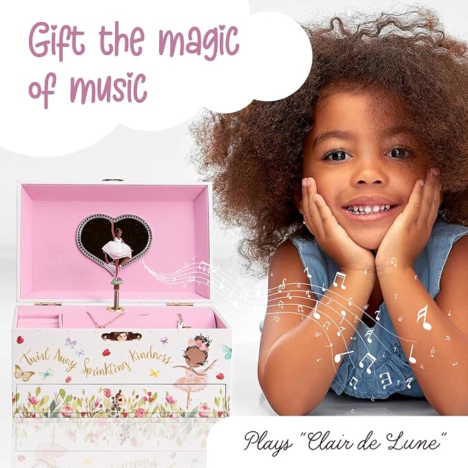 The Memory Building Co Black Ballerina Musical Jewelry Box Plays Classic Melody, Storage Organizer Music Box for Kids Ages 6-12 MDF Wood w/ 2 Fabric Lined Ring Bracelet Necklace Treasure Compartments - Image 3