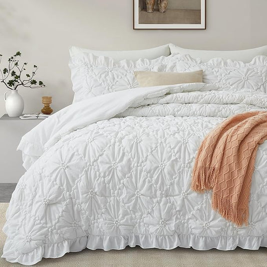 BEDAZZLED King Size Comforter Sets, White Bedding Comforter Set, 3 Pieces Pinch Pleat Bedding Sets with Comforter and Pillowcases Soft Farmhouse Shabby Chic Comforter for All Season