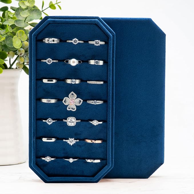 Velvet Ring Organizer Display Tray Jewelry Box Earring Holder Case for Wedding Birthday Christmas Day (Dark Blue) - Image 5