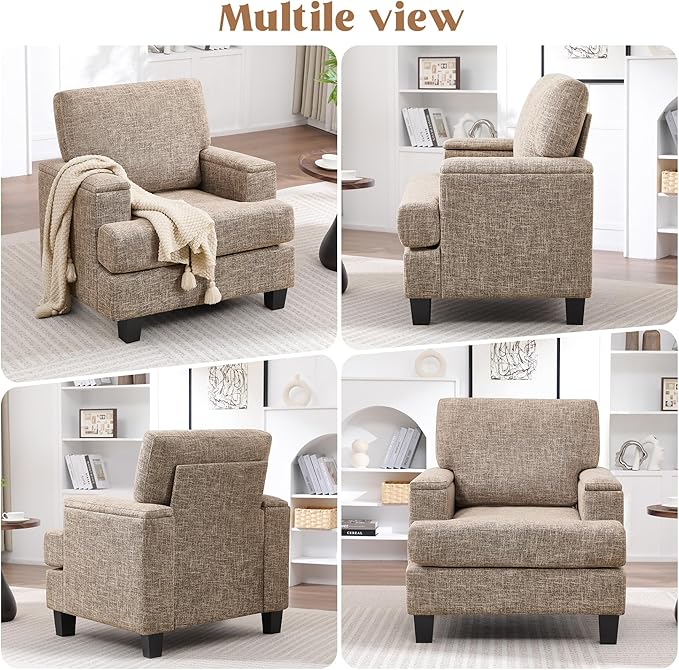 Accent Chair for Living Room, Modern Upholstered Reading Chairs with Armrest Storage, Comfy Large Armchair, Fabric Single Sofa Chair for Bedroom (Yellowish Brown)