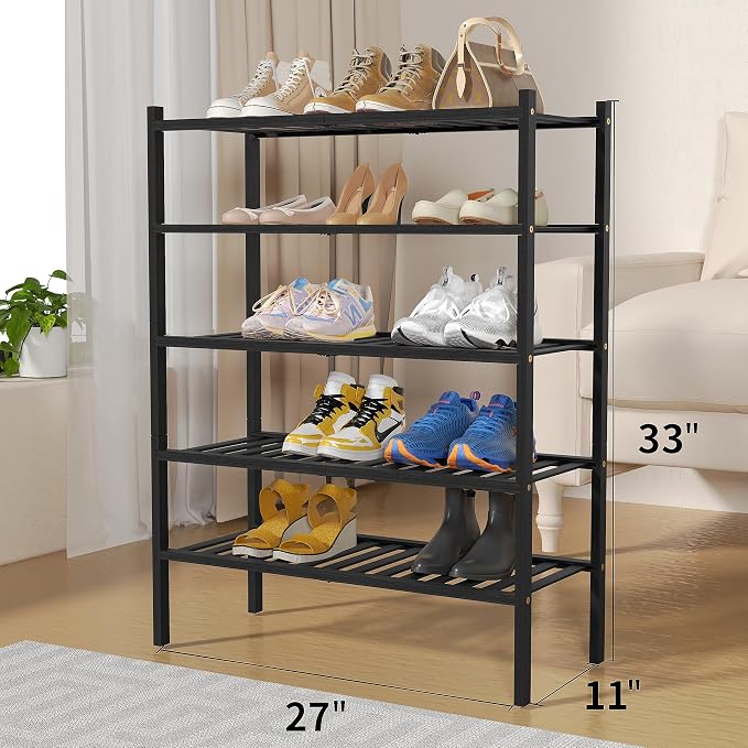 ROMGUAR CRAFT 5 Tier Bamboo Shoe Rack for Closet Free Standing Wood Shoe Shelf for Entryway Small Space Stackable 27"x11"x33" (Black) - Image 3