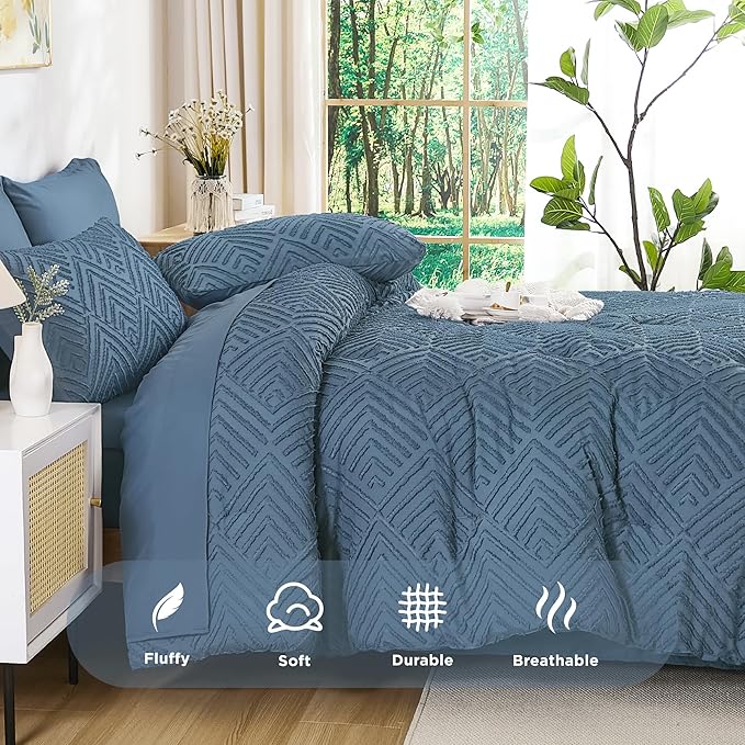 Andency Queen Comforter Set 7 Piece Ocean Blue - Bed in a Bag Queen Boho Lightweight Fluffy Tufted Bedding Sets with Comforter, Sheets, Pillowcases & Shams