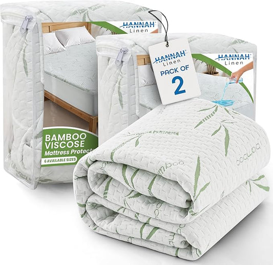 Hannah Linen Viscose derived from Bamboo Cooling Mattress Protector, 100% Waterproof - Soft and Breathable, 280 GSM Fitted Style Mattress Cover, 16 Inches Deep Pocket - Full, 75x54 - (2 Pack)