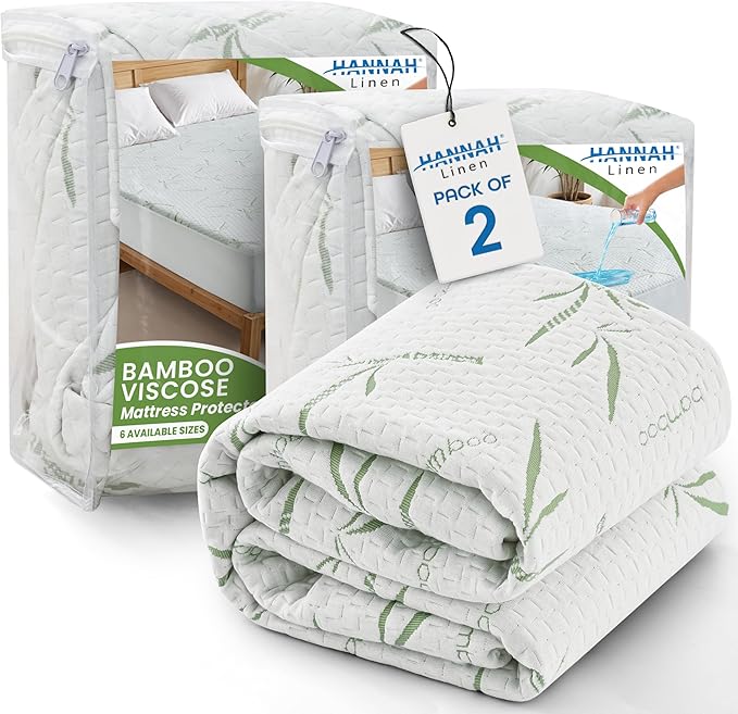 Hannah Linen Viscose derived from Bamboo Cooling Mattress Protector, 100% Waterproof - Soft and Breathable, 280 GSM Fitted Style Mattress Cover, 16 Inches Deep Pocket - Twin XL, 80x39 - (2 Pack)