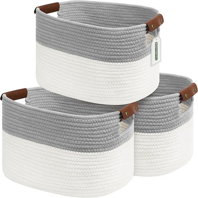 ECDYQXVU Cotton Rope Storage Baskets,15x10x9 in,Foldable Storage Bins, Decorative Woven Basket Cube Storage Organizer for Laundry, Towel, Clothes (White/Grey-3Pack, 15x10x9 inches) by ECDYQXVU