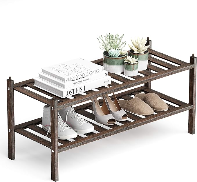 Dranixly Bamboo 2-Tier Shoe Rack Stackable Shelf Storage Organizer for Entryway, Hallway and Closet, 27.2"x11"x13.2" (Mocha) by Dranixly