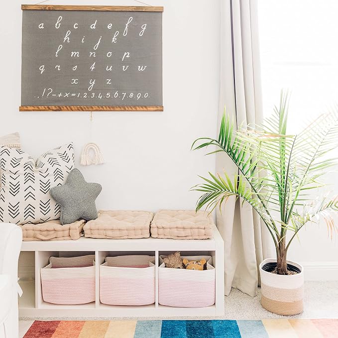 OrganiHaus Rope Baskets for Shelves - Set of 3 Woven Storage Baskets for Organizing, Closet & Toy Storage - Pink/Off-White - 15x9x10 - Image 4