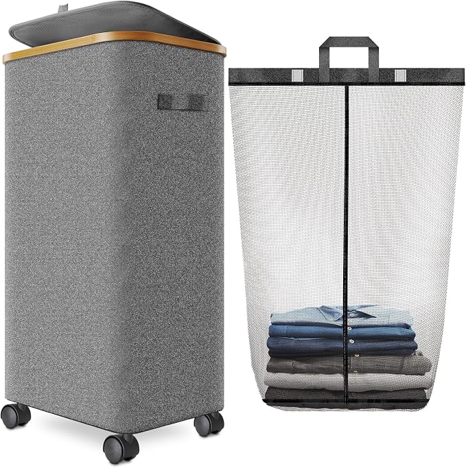Laundry Hamper with Wheels,29 Gal (110L) Laundry Basket with lid Rolling Clothes Hamper Foldable Dirty Clothes Basket on wheels with Bamboo Frame and Bag for Bedroom, Dorm, Laundry Room-Grey by Wuevu