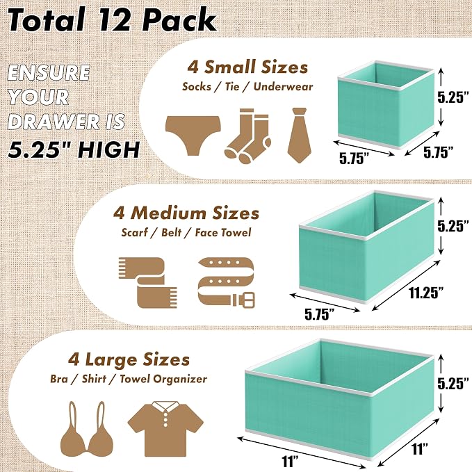 SIMPLE HOUSEWARE Foldable Drawer Organizer for Clothes/Underwear/Panty/Onesie Stocking Bin, Set of 12, Turquoise - Image 2