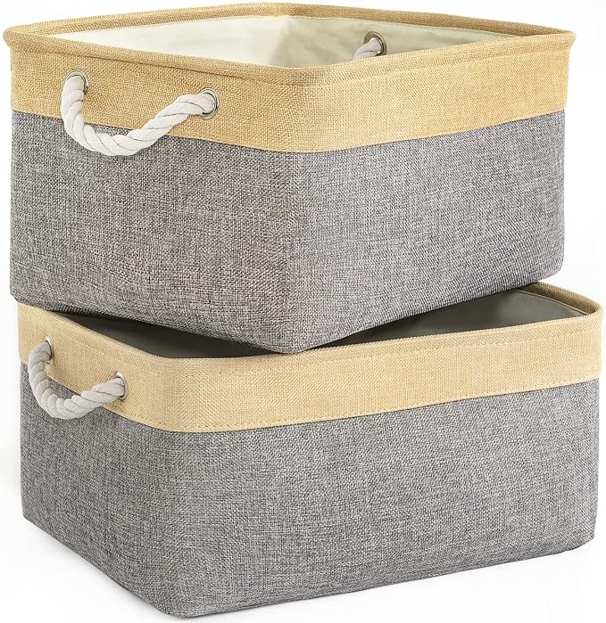 TheWarmHome Storage Basket for Organizing - 3 Pack 14x10x7 inch Large Collapsible Storage Bin for Shelves, Fabric Storage Cubes for Organizer ClosetCloth Gift Toy (Grey & Gold) by TheWarmHome