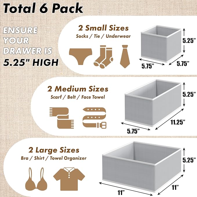 Simple Houseware Underwear Drawer Organizer for Lingerie/Undergarment/Bra/Panty/Sock/Onesie, Set of 6, Gray - Image 2