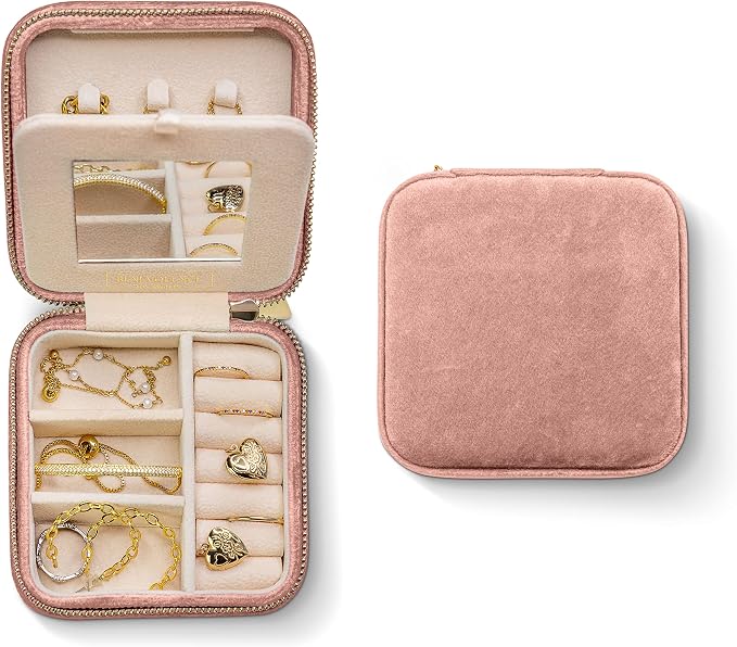 Benevolence LA Plush Velvet Jewelry Box | Travel Jewelry Case Organizer with Mirror | Featured in Oprah's Favorite Things | Best Gifts For Daughter, Girlfriend, Mom | Gifts For Her - Dusty Pink by BenevolenceLA
