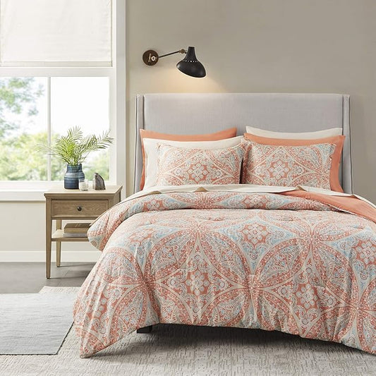 Comfort Spaces Bed in A Bag - Trendy Casual Design Cozy Comforter with Complete Sheet Set with Side Pocket, All Season Cover, Matching Shams, Queen(90"x90"), Gloria, Damask Coral 9 Piece