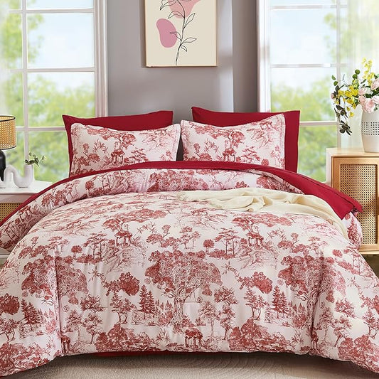 DJY King Size Comforter Set, Red 7 Pieces Bed in a Bag King Botanical Comforters with Sheets Elegant Plants Print Christmas Soft Microfiber Reversible Complete Bedding Sets for All Season