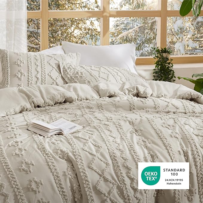 Bedsure Tufted Boho Comforter Set Oversized Queen - Linen Boho Bed Set, GentleSoft™ 3 Pieces Farmhouse Shabby Chic Embroidery Bedding, Gifts for Woman, Soft Jacquard Comforter for All Seasons