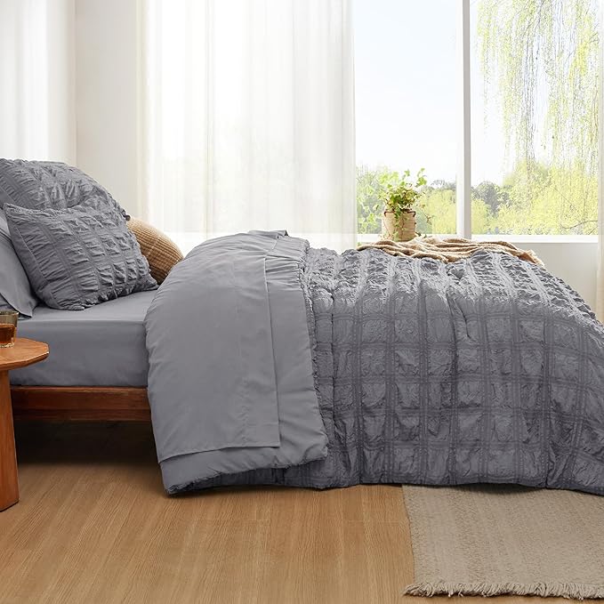 Bedsure Bed in a Bag Full - 7 Pieces Plaid Seersucker Bedding Comforter Sets, Soft Lightweight Grey Boho Bed Set with Comforters Full Size, Sheets, Pillowcases & Shams