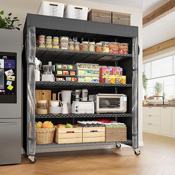 REIBII 45''W Storage Shelves with Cover & Wheels, Metal Shelving Waterproof Dustproof, Wire Shelving Unit Covers, Garage Storage Rack Wire Shelf for Kitchen Pantry, Storage Room, 45Wx17.72Dx72.83H - Image 2