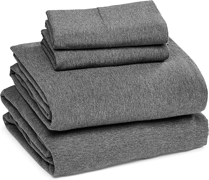 Amazon Basics 4 Piece Breathable 100% Cotton Jersey Bed Sheets Set, Machine Washable, Stretchy Flat and Fitted Sheets, Pillowcase, King, Dark Gray, Solid