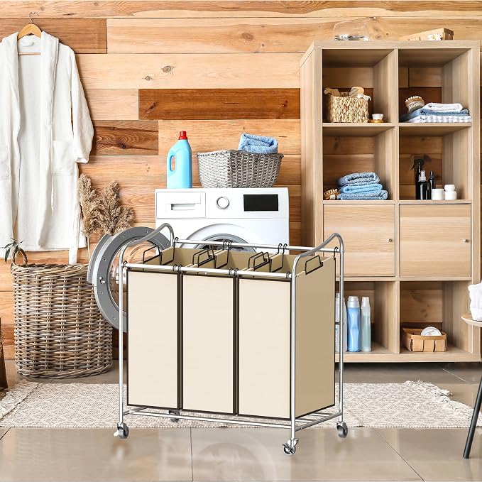 Simple Houseware Heavy-Duty 3-Bag Laundry Sorter Cart, Chrome - Image 5