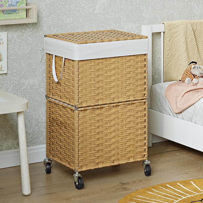 Chrislley 90L Slim Laundry Hamper with Wheels, Rolling Laundry Basket with Lid and Renovable Liner Bag, Handwoven Rattan Organizer for bedroom, bathroom, laundry room (Yellow) - Image 7