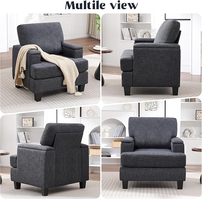 Accent Chair for Living Room, Modern Upholstered Reading Chairs with Armrest Storage, Comfy Large Armchair, Fabric Single Sofa Chair for Bedroom (Dark Grey)