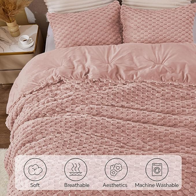 BEDELITE Fluffy King Size Comforter Set - Dusty Pink Fleece Soft Comforter for King Size Bed, Luxury Warm Bedding Set for Winter, Fuzzy Bed Set 3 Pieces (1 Comforter, 2 Pillowcases)