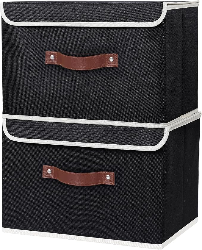 ANMINY 4PCS Storage Bin with Lid Storage Boxes with PU Leather Handles PP Plastic Board Decorative Foldable Lidded Cotton Linen Fabric Home Cubes Baskets Closet Organizer Container - Black, Medium - Image 8