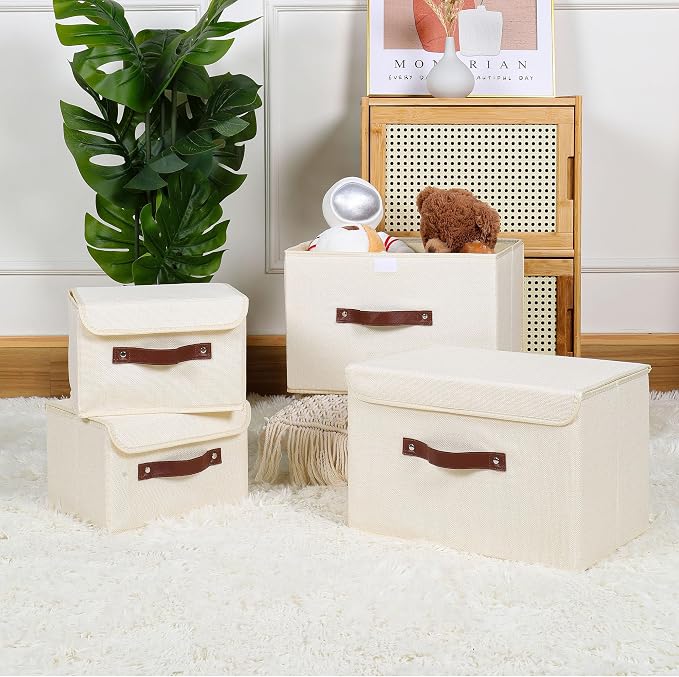 ANMINY 4PCS Storage Bins with Lid PU Leather Handles Storage Boxes PP Plastic Board Decorative Foldable Lidded Cotton Linen Fabric Home Cubes Baskets Closet Organizer Containers - Beige, Small Size - Image 6