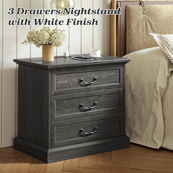 Huuger Nightstand with Charging Station, 3 Drawer Night Stand, 22 Inch Wider Side Table with Storage, Farmhouse Nightstand with Vintage Handles, Thicken Base, for Bedroom, Black