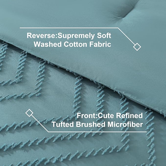 Litanika Grayish Teal Full Size Comforter Set with Sheets - 7 Pieces Bed in a Bag Full Boho Tufted Complete Bedding Sets with Comforter, Sheets, Pillowcases & Shams